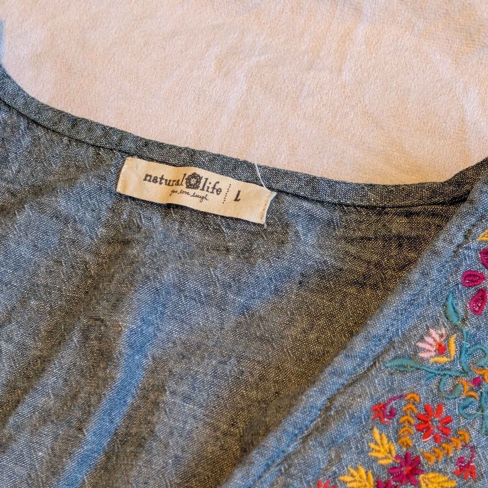Natural Life Tiered  Chambray Linen Cotton Mini Dress Size L Embroidered - Picture 6 of 9